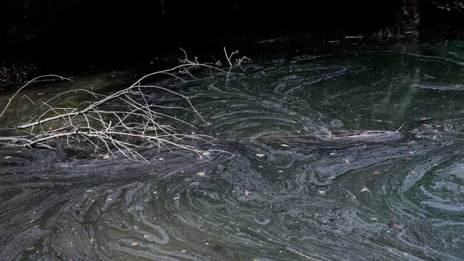 A pond filled with wastewater from a mountain top removal coal mine showing evidence of pollution in West Virginia.