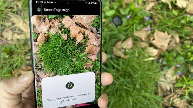 phone and tag in grass
