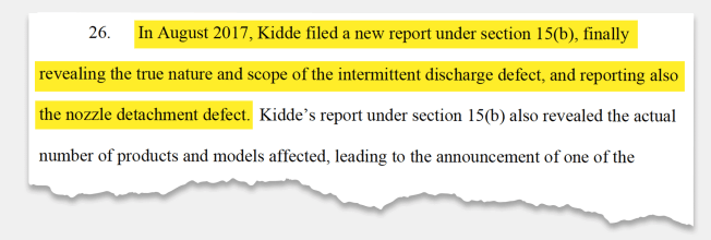 Highlighted section from a lawsuit filed against Kidde regarding the defects of their fire extinguisher.