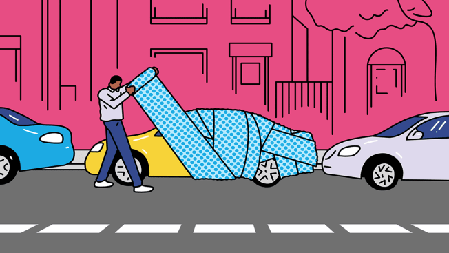 Person wrapping their parked car in bubble wrap while its parked on the street.