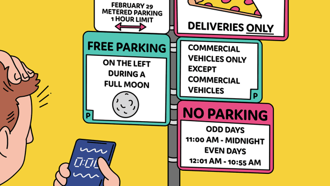Person holding their cell phone confused while reading contradictory and nonsensical parking signs.