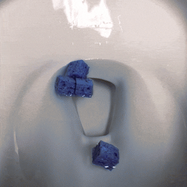 3 blue sponges being flushed down toilet for testing