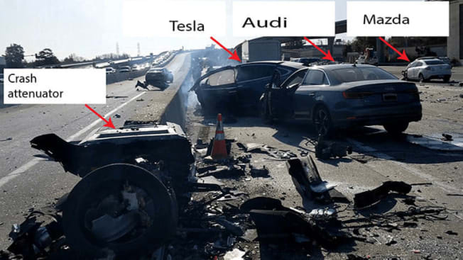 The aftermath of the crash that killed Walter Huang in Mountain View, CA
