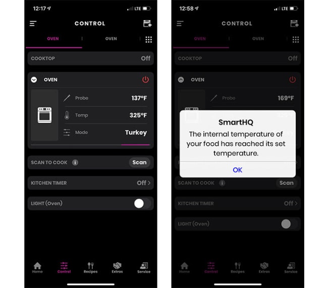 Screenshots from the GE Smart Range app showing the temperature of the turkey.