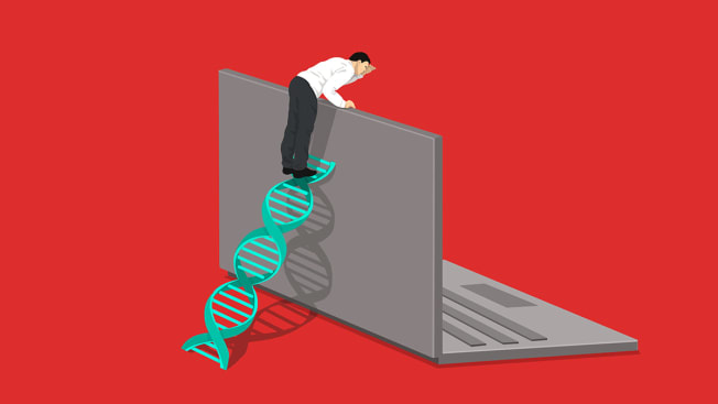 Illustration of a man using a DNA strand as a ladder to peer over and look onto the screen of a laptop.