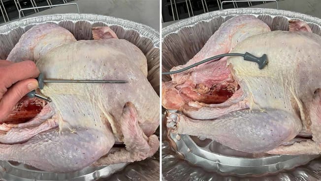 Two images: a thermometer probe laying across the back of the turkey and the thermometer probe inserted into the turkey.