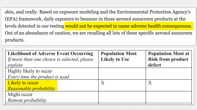 Highlighted sections from an FDA recall and an EPA report that shoe conflicting information about the safety of benzene.