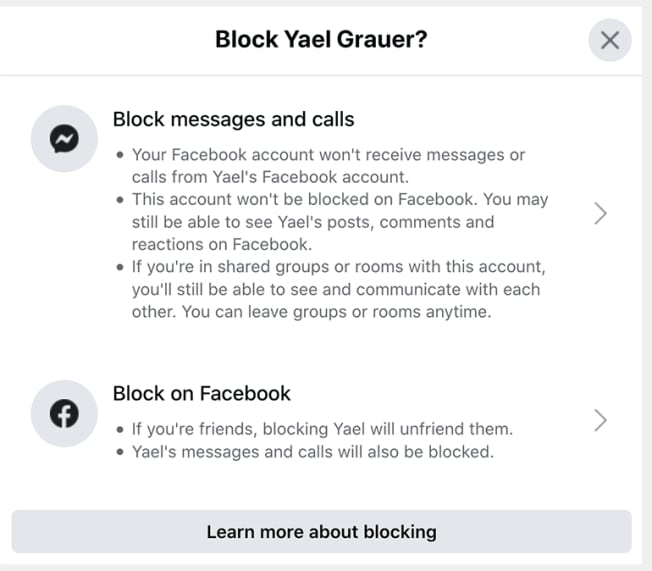 A notification on Facebook asking if you'd like to block Yael Gruer and what that would look like.