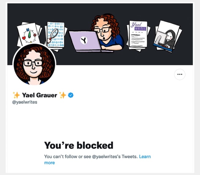 A screen shot of a notification that Yael Grauer has blocked you on Twitter.
