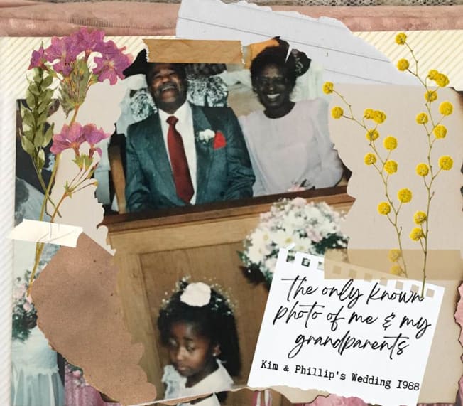 A collage of family photos and paper materials