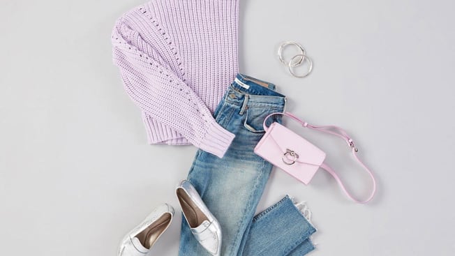 sweater, jeans, purse and shoes laid out