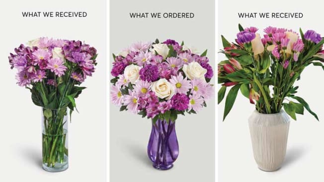 two 1-800-Flowers deliveries compared to image from their website