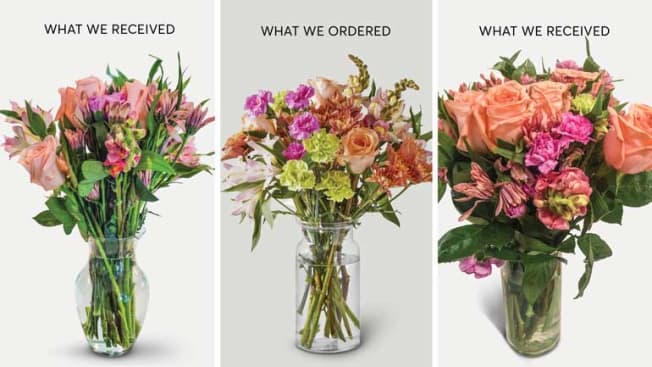 two ProFlowers deliveries compared to image from their website