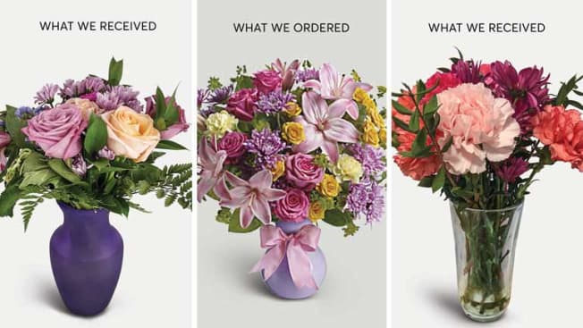 two Teleflora deliveries compared to image from their website