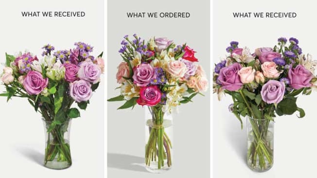 two Urban Stems deliveries compared to image from their website