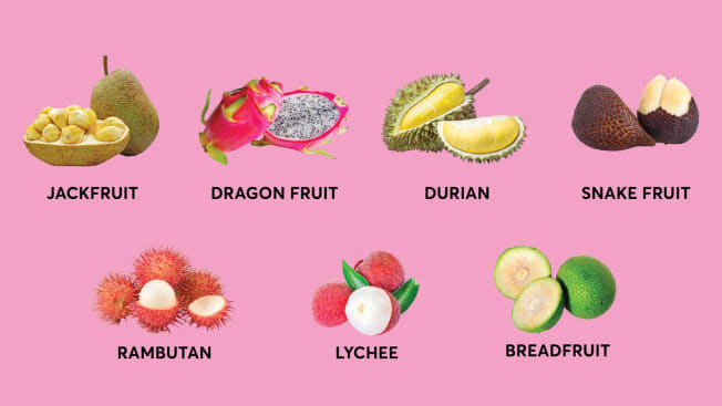 Jackfruit, dragon fruit, durian, snake fruit, rambutan, lychee and breadfruit