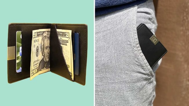 wallet opened with cash inside, wallet sliding into front pocket of pants