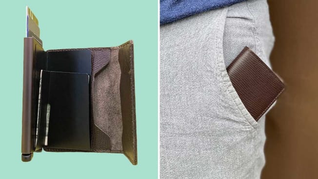wallet opened with cards inside, wallet sliding into front pocket of pants