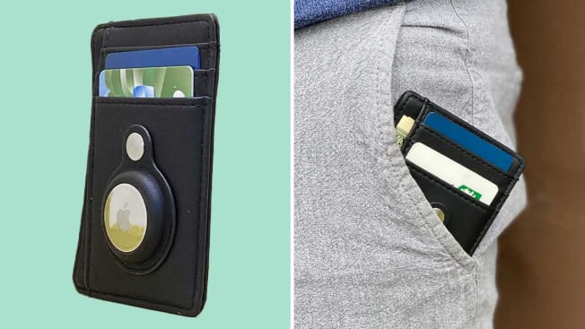 wallet with airtag device, wallet sliding into front pocket of pants