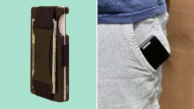 wallet with credit cards inside, wallet sliding into the front pocket of pants