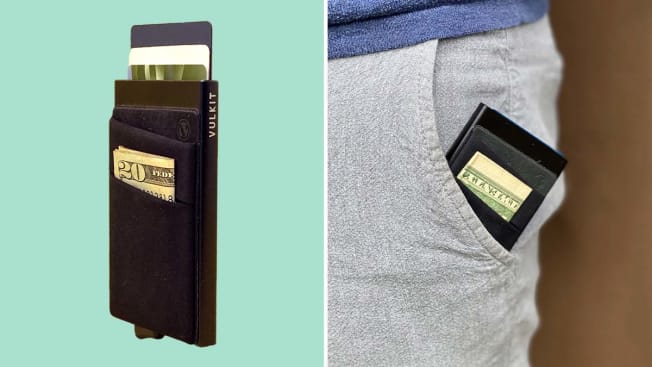 wallet with credit cards inside, wallet sliding into the front pocket of pants