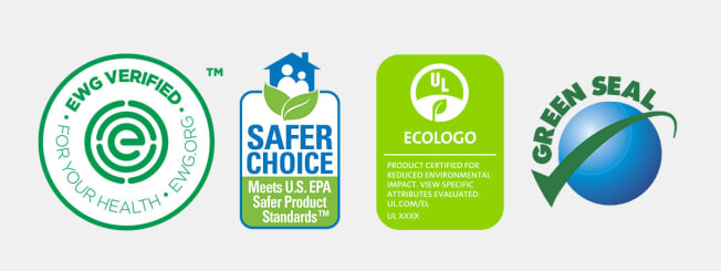 EWG Certified, Safer Choice, UL Ecologo, GreenSeal logos