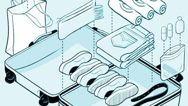 illustration of suitcase with items going into it