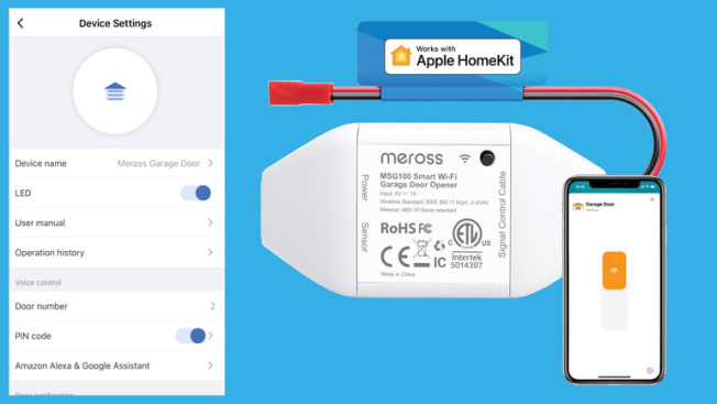 Meross MSG100HK Smart WiFi Garage Door Opener and screenshot showing the smartphone application