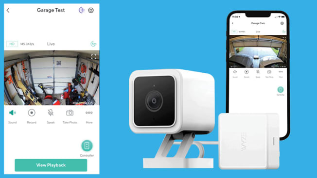 Wyze Cam v3 Garage Door Controller and screenshot showing the smartphone application