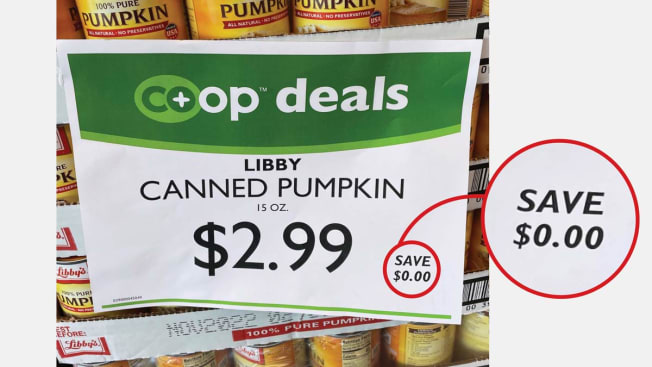 sign for Libby Canned Pumpkin on sale for $2.99 with a savings of $0.00