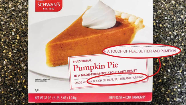 Schwan's pumpkin pie that's "made with a touch of real butter and pumpkin"