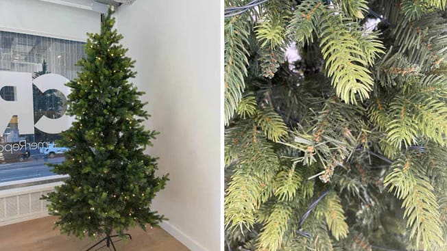 split image of full LuxenHome 7-ft Asheville Fir Pre-lit Traditional Artificial Christmas Tree with LED Lights and detail of needles and lights