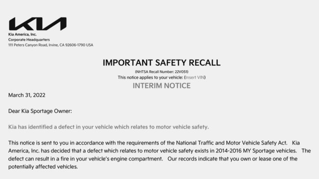 The top of a Kia Sportage Recall Notice