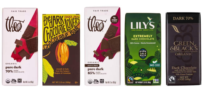 From Left: Theo Organic Pure Dark, Trader Joe's The Dark Chocolate Lover's Chocolate, Theo Organic Extra Pure Extra Dark Chocolate, Lily's Extremely Dark Chocolate, and Green & Black's Pure Dark Chocolate