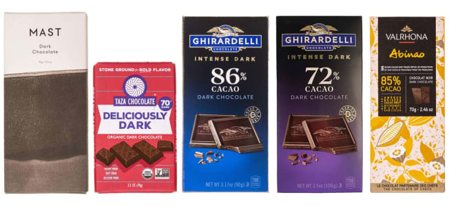 From Left: Mast Organic Dark Chocolate, Taza Chocolate Organic Deliciously Dark Chocolate Ghirardelli Intense Dark Chocolate, Ghirardelli Intense Dark Chocolate Twilight Delight, and Valrhona Abinao Dark Chocolate