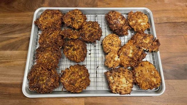Latkes on the left are spiced those on the right are plain