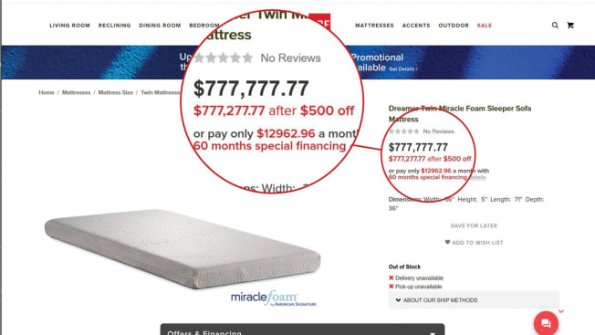 screenshot of website advertising Dreamer Twin Miracle Foam Sleeper Sofa Mattress for $777,777.77