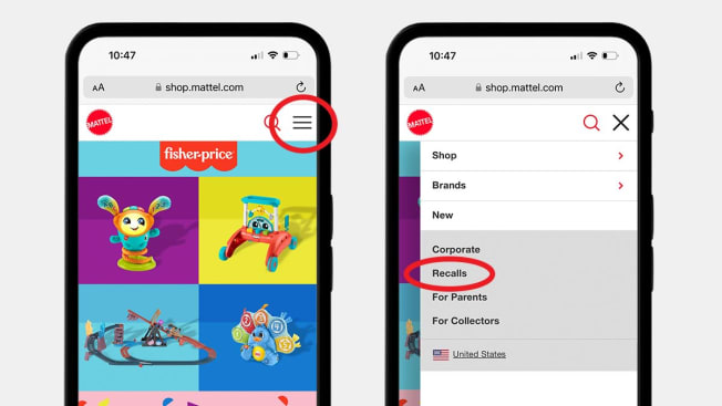 Screenshots of the Fisher-Price website on a cell phone showing where the recall information is located on the site.