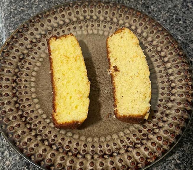 Two slices of cooked cake, one using flax "egg" and other regular egg.