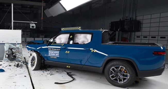 2022 Rivian R1T after front offset crash test, IIHS