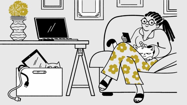 Illustration of woman with phone and cat near desk with laptop and box of tech products underneath