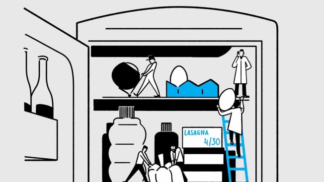 Illustration of inside of refrigerator with little people moving items