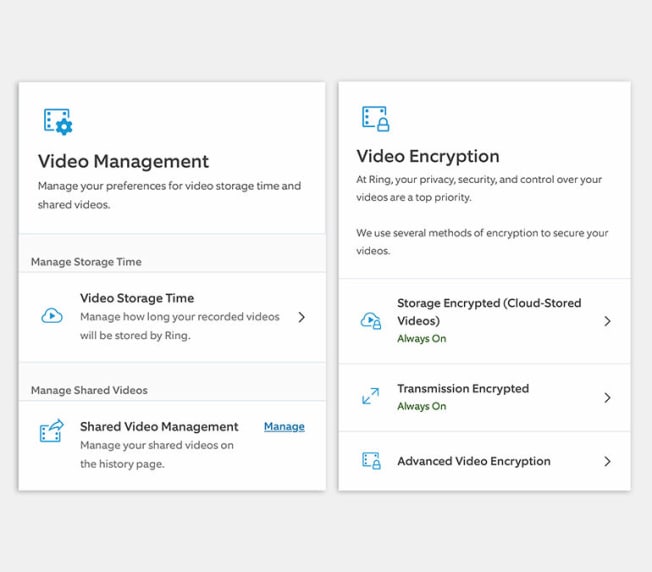 Screenshots of  Video Management in the Ring app.