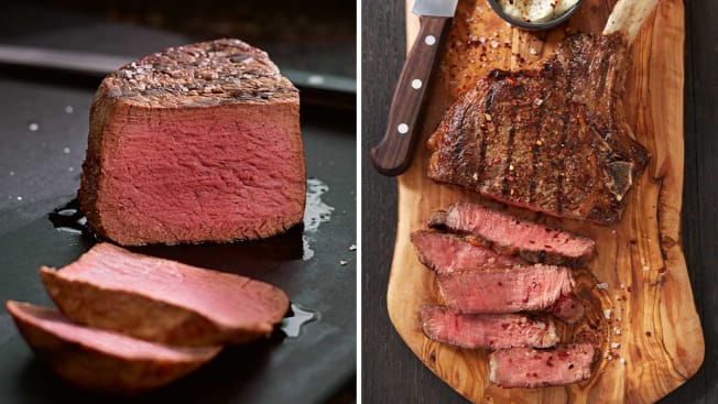 Kansas City Steaks filet mignon on left and ribeye on right