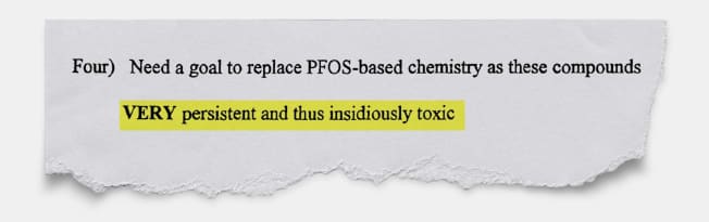 Excerpt from court document from a memo stating that AFFF is "..VERY persistent and thus insidiously toxic."
