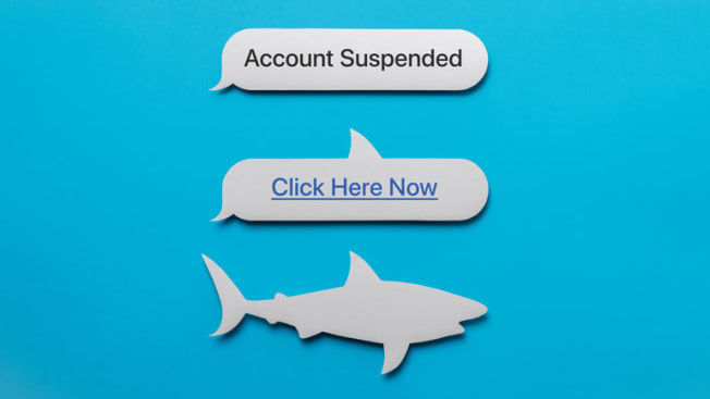 illustration of chat boxes that say "Account Suspended" and "Click Here Now" with a shark below the chat boxes
