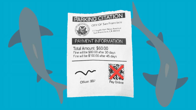 illustration of 2 sharks surrounding a fake parking citation ticket