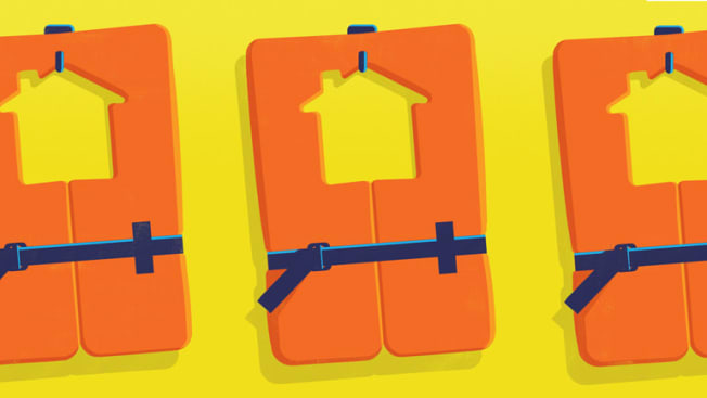 illustration of life jackets with shape of house as neck opening