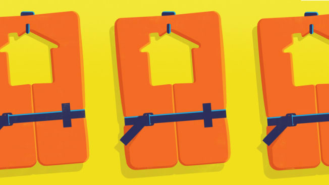 illustration of life jackets with shape of house as neck opening