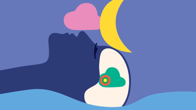 illustration with person's head lying on pillow and cloud and moon above their head